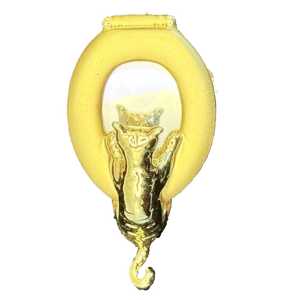 Vintage 1980's Gold Tone AJC Cat/Kitty Peering INTO Toilet Mirror Brooch Pin